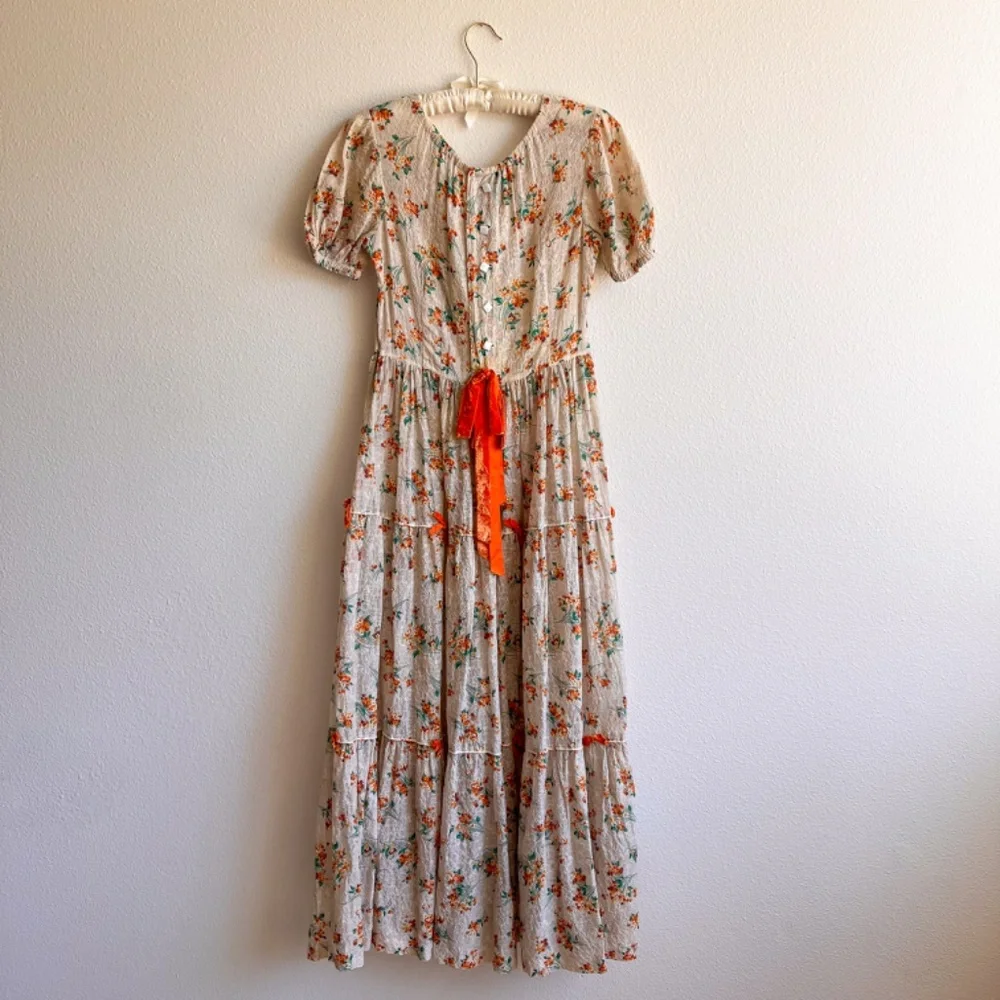 Stunning Vintage 1930s Orange Floral Gown With Velvet Bows (XS/S) - Picture 12 of 14